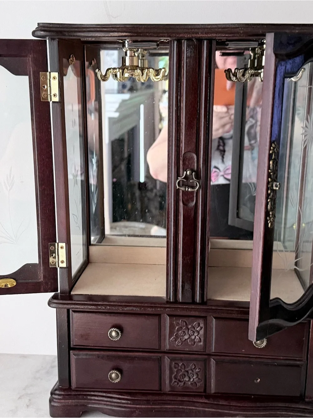 Wooden Mirrored Jewelry Cabinet in Deep Mahogany jewelry